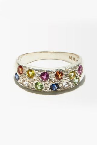 An image of a platinum ring with coloured sapphire gems from British designer Bleue Burnham