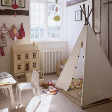 white children room with white tent and white window