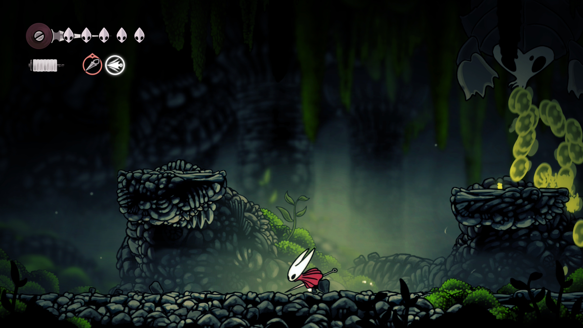 Hornet sprints away from a weird weevil that spews bile in Hollow Knight: Silksong