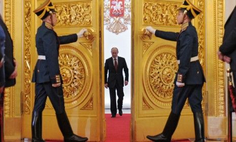 Vladimir Putin enters St. Andrew&amp;#039;s Hall in the Grand Kremlin Palace to take the oath of office on May 7, 2012.