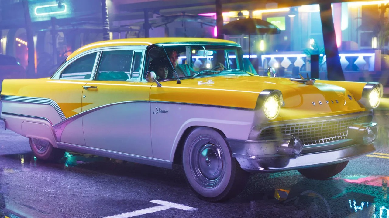 Screenshot from GTA 6 showing a yellow and white 1955 Vapid Stanier car included as part of Standard Edition pre-orders