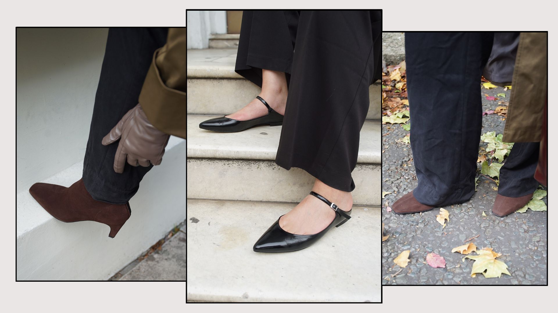 Woman wears black trousers, beige gloves and brown suede boots; woman wears black tailored trousers and backless Mary Janes; woman wears black trousers, green trench coats and brown suede boots