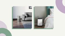 collage image of an air purifier in a living room and a dehumidifier in a bedroom to explore benefits of air purifiers vs dehumidifiers