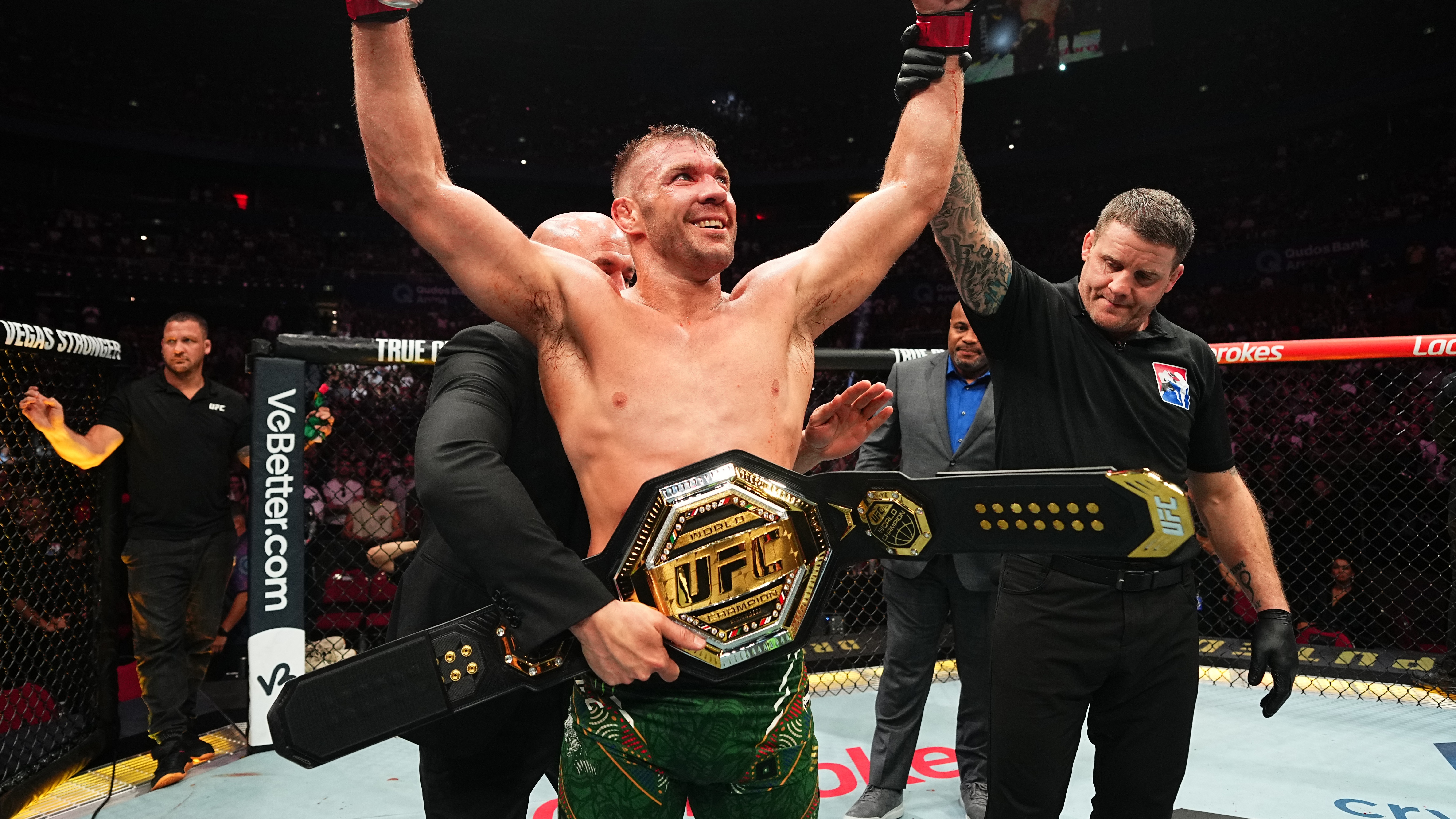 Dricus Du Plessis of South Africa reacts after a unanimous-decision victory against Sean Strickland in the UFC middleweight championship fight during the UFC 312 event at Qudos Bank Arena on February 09, 2025 in Sydney, Australia. 