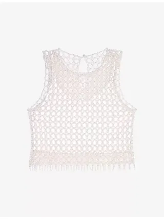 Bead-Embellished Cropped Stretch-Woven Top