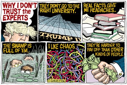 Political cartoon U.S. Trump White House chaos drain the swamp