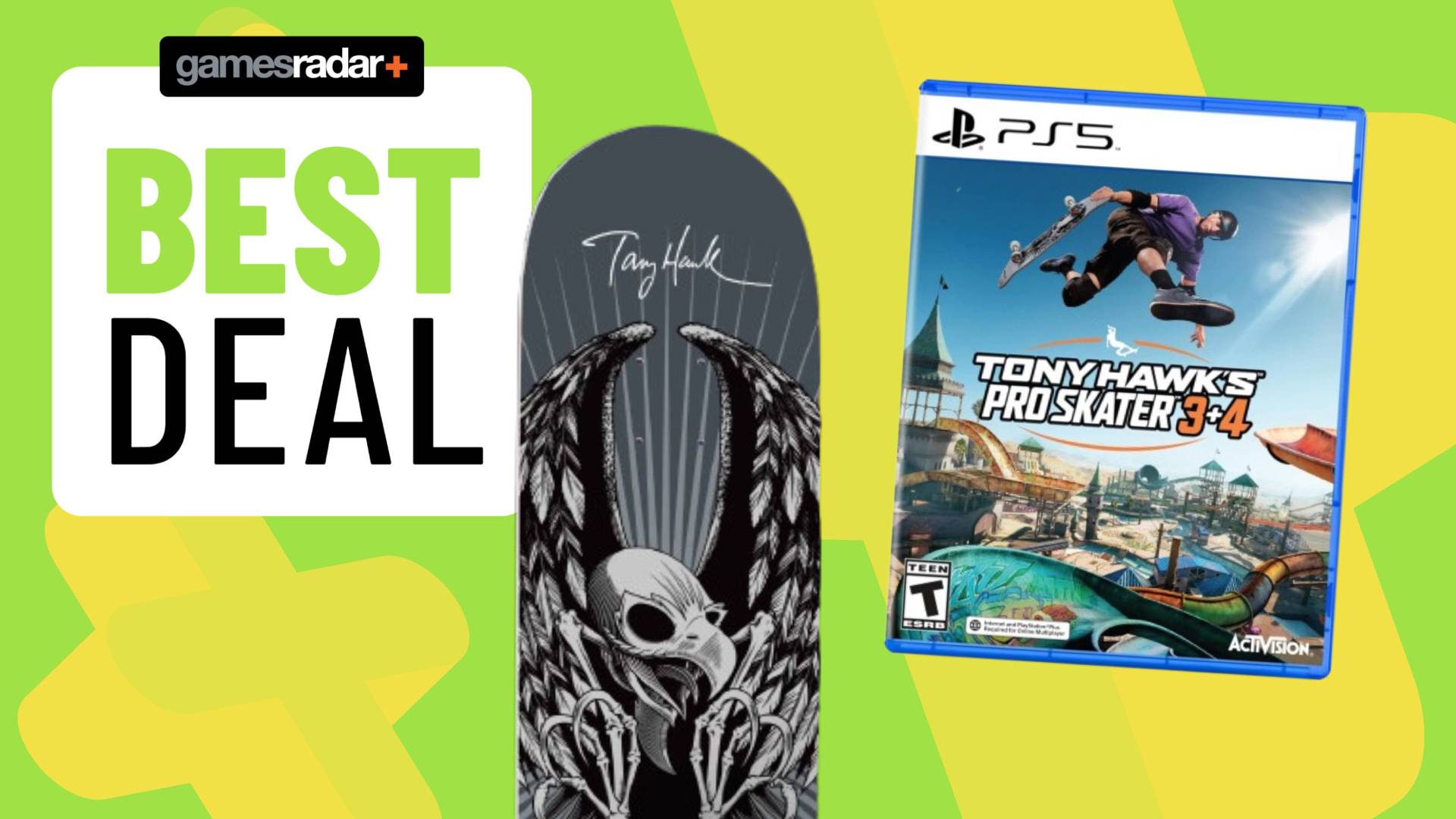 Image of a the top of a skateboard and a PS5 game box sitting on a light green GamesRadar+ background.