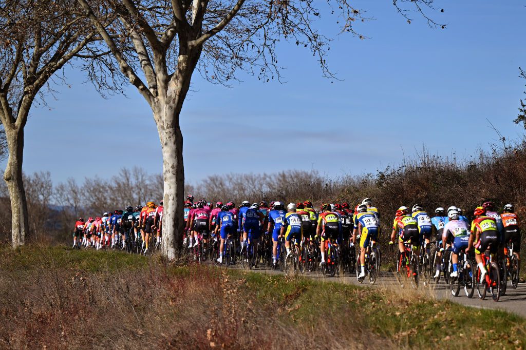 MEJANNESLECLAP FRANCE FEBRUARY 03 A general view of the peloton competing during the 54th Etoile de Besseges Tour du Gard Stage 4 a 15848km stage from MejannesleClap to MejannesleClap on February 03 2024 in MejannesleClap France Photo by Luc ClaessenGetty Images