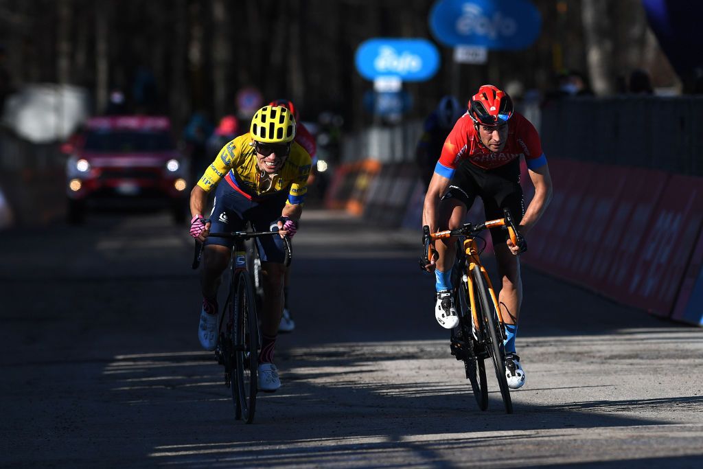 PRATI DI TIVO ITALY MARCH 13 Arrival Sprint Sergio Andres Higuita Garcia of Colombia and Team EF Education Nippo Mikel Landa Meana of Spain and Team Bahrain Victorious during the 56th TirrenoAdriatico 2021 Stage 4 a 148km stage from Terni to Prati di Tivo 1450m TirrenoAdriatico on March 13 2021 in Prati di Tivo Italy Photo by Tim de WaeleGetty Images
