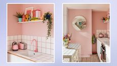 Two images of a small pink kitchen on light purple background
