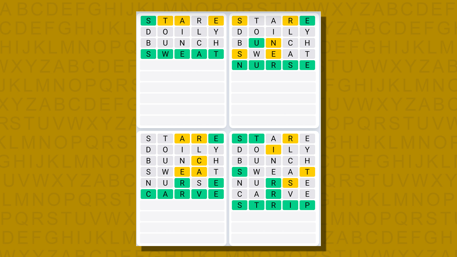 Ежедневная последовательность ответов Quordle для игры 738 на желтом фоне