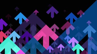 pink, purple, teal and blue arrows pointing up with black background