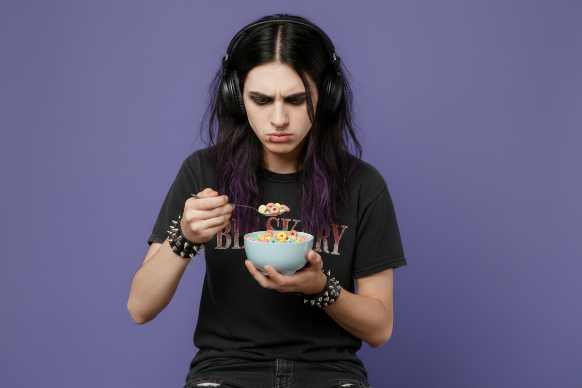 A person eating cereal against a color background