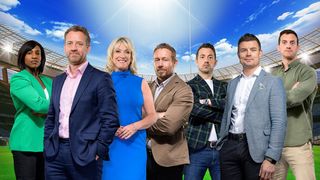 ITV / ITVX commentary team for France Rugby World Cup 2023 lined up in a rugby stadium