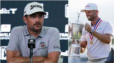 Keegan Bradley pictured at his Travelers Championship press conference and Wyndham Clark with the US Open trophy