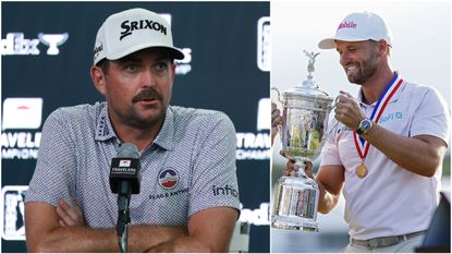 Keegan Bradley pictured at his Travelers Championship press conference and Wyndham Clark with the US Open trophy