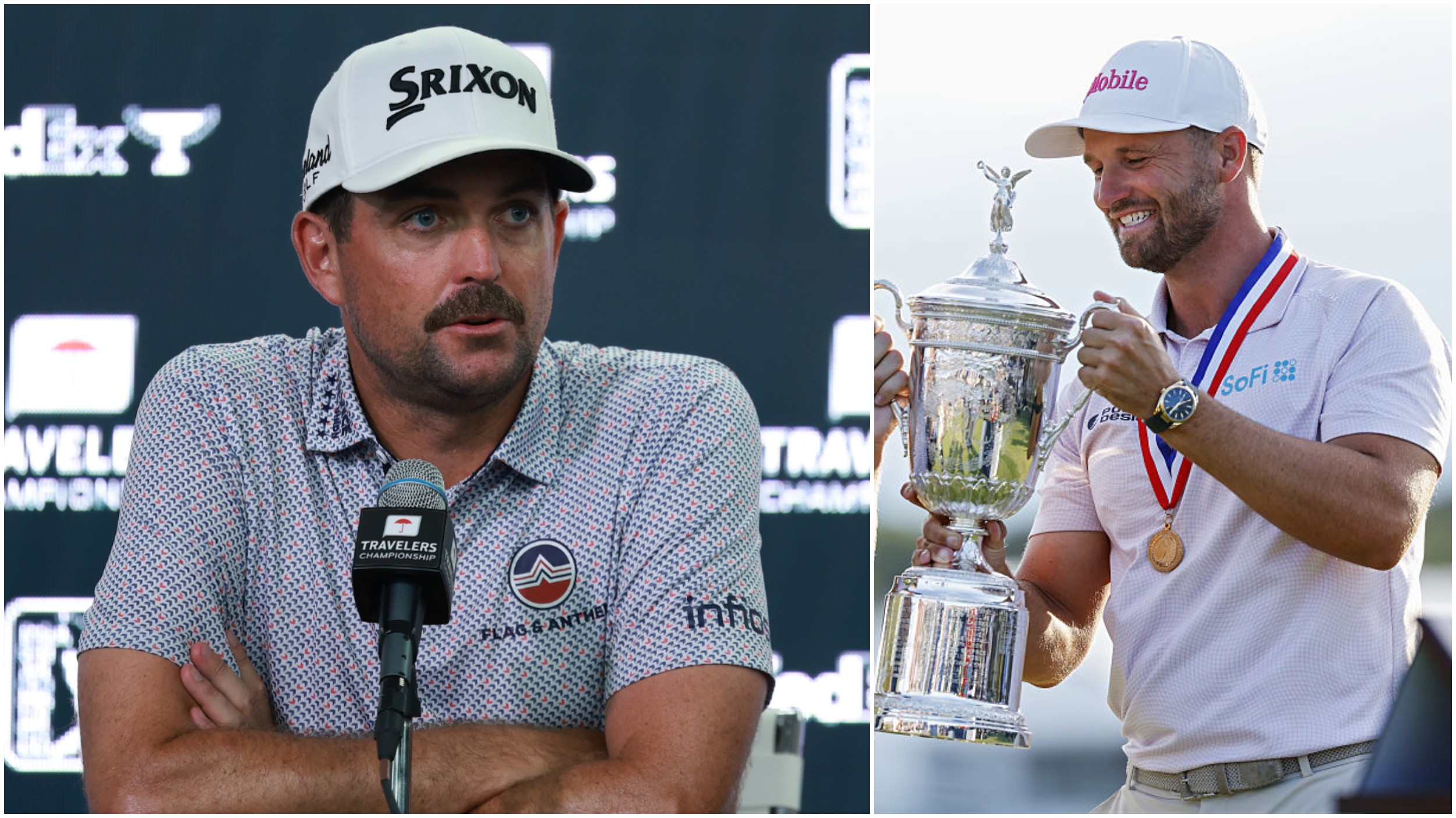 Keegan Bradley pictured at his Travelers Championship press conference and Wyndham Clark with the US Open trophy
