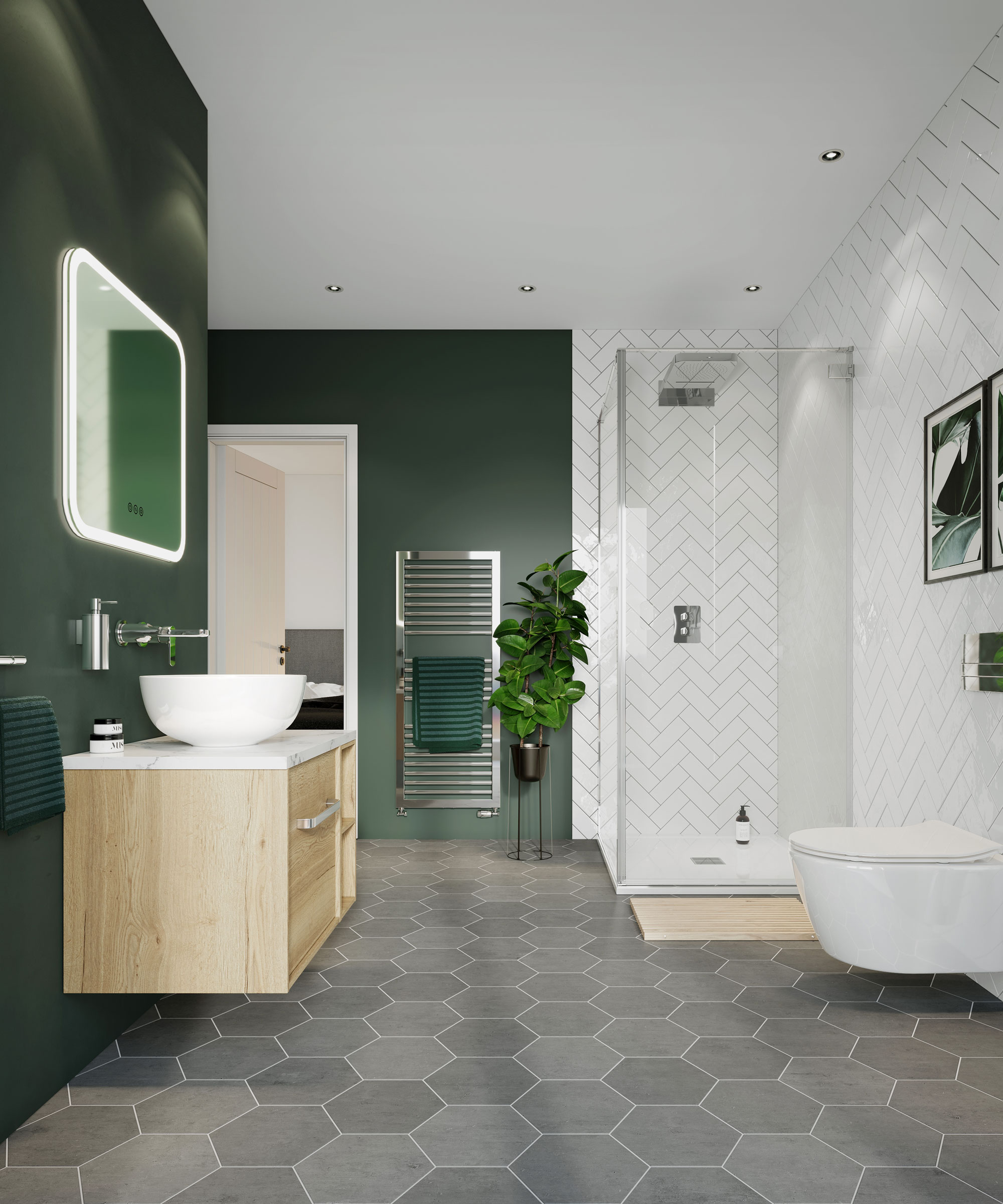 A shower room with grey hexagonal floor tiles, a dark green wall and white herringbone shower wall tiles