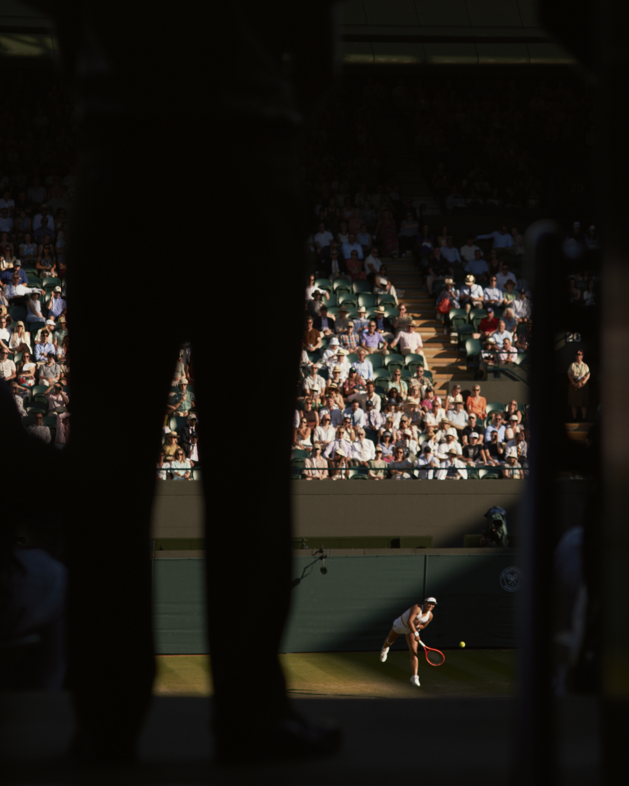 Tennis player in action, seen from shade, at Wimbledon