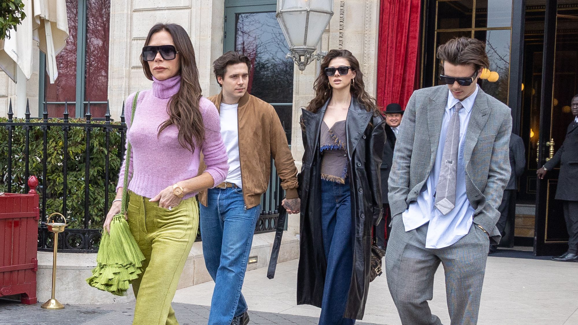 Cruz Beckham, Victoria Beckham and Nicola and Brooklyn Peltz Beckham at Paris Fashion Week