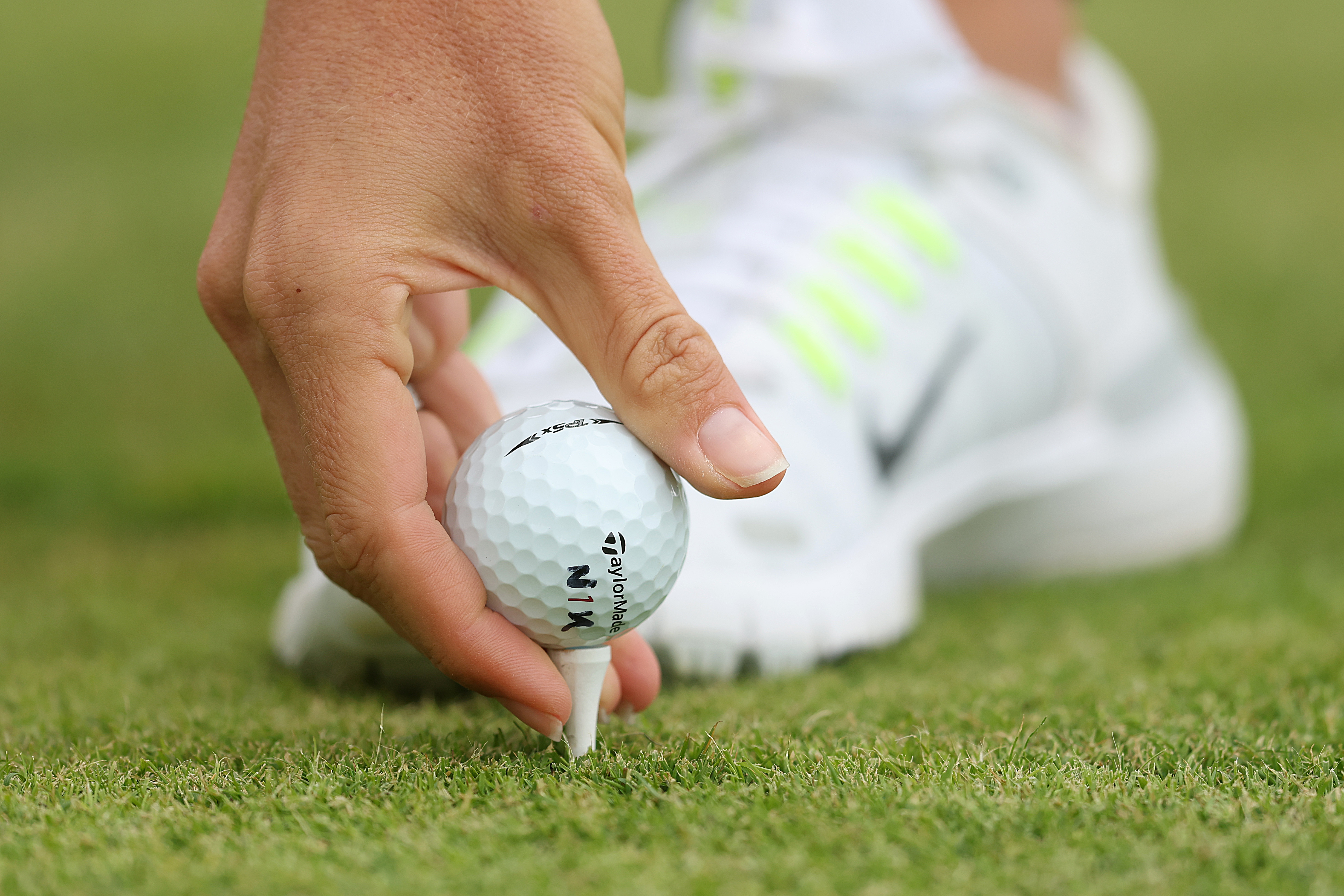 A detailed view as Nelly Korda places her ball on the tee on the 14th hole during the second round of the ISPS HANDA Women's Scottish Open 