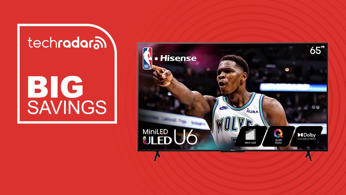 Hisense 65-Inch Class U6 Series Mini-LED ULED 4K UHD Google Smart TV 65U6N 2024 Model with NBA player on screen over a red background with a big savings icon next to it