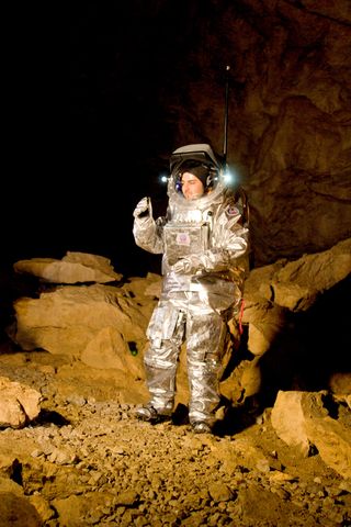 The Aouda.X spacesuit tests were part of a 5-day Mars mission analog field test performed at Mammoth Cave in the Giant Ice Caves of Dachstein, Austria, by the Austrian Space Forum and international research partners in April-May 2012. Schildhammer at the