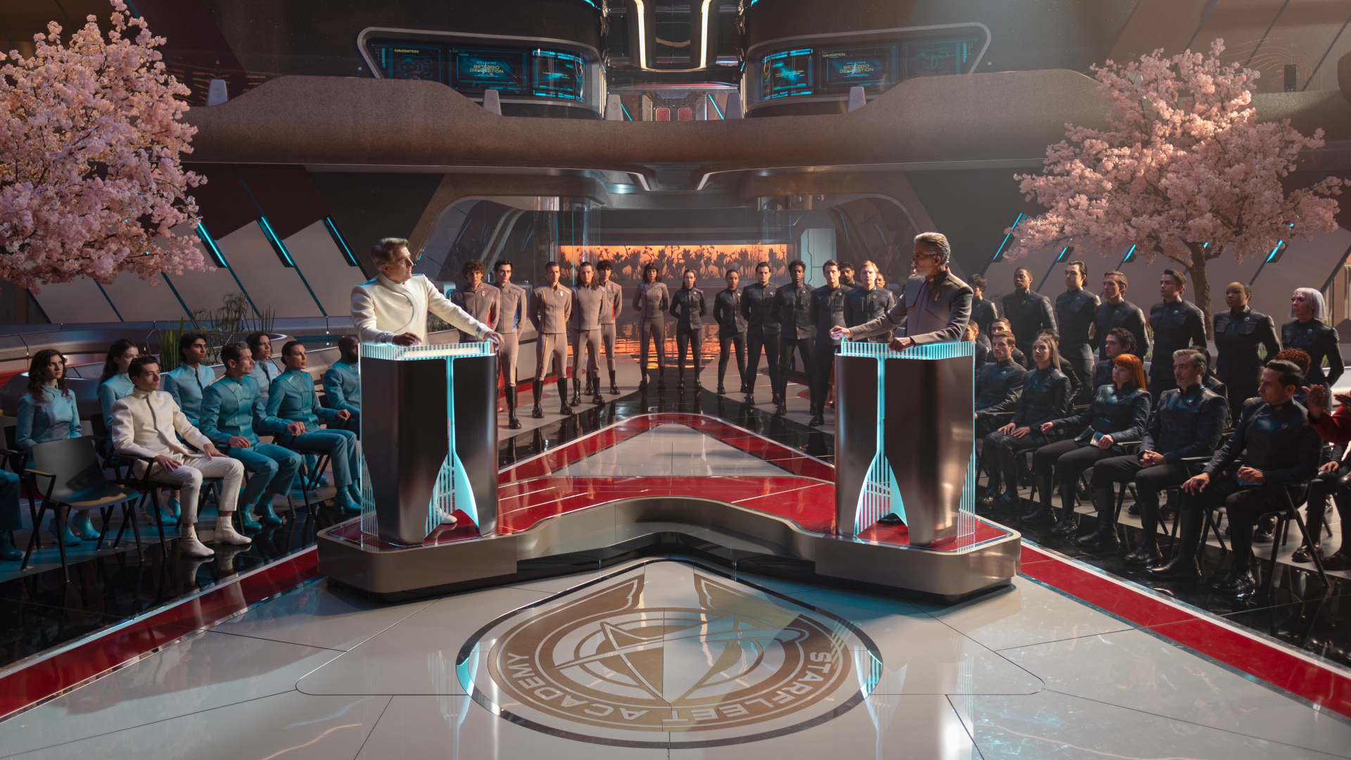 L-R: Romeo Carere, Anthony Natale and Oded Fehr in season 1, episode 2 of Star Trek: Starfleet Academy streaming on Paramount+. Photo Credit: Brooke Palmer/Paramount+