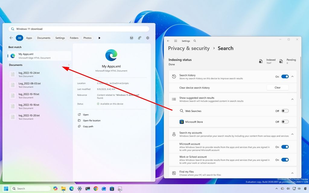 Windows 11 desktop with Search showing results without web searches.