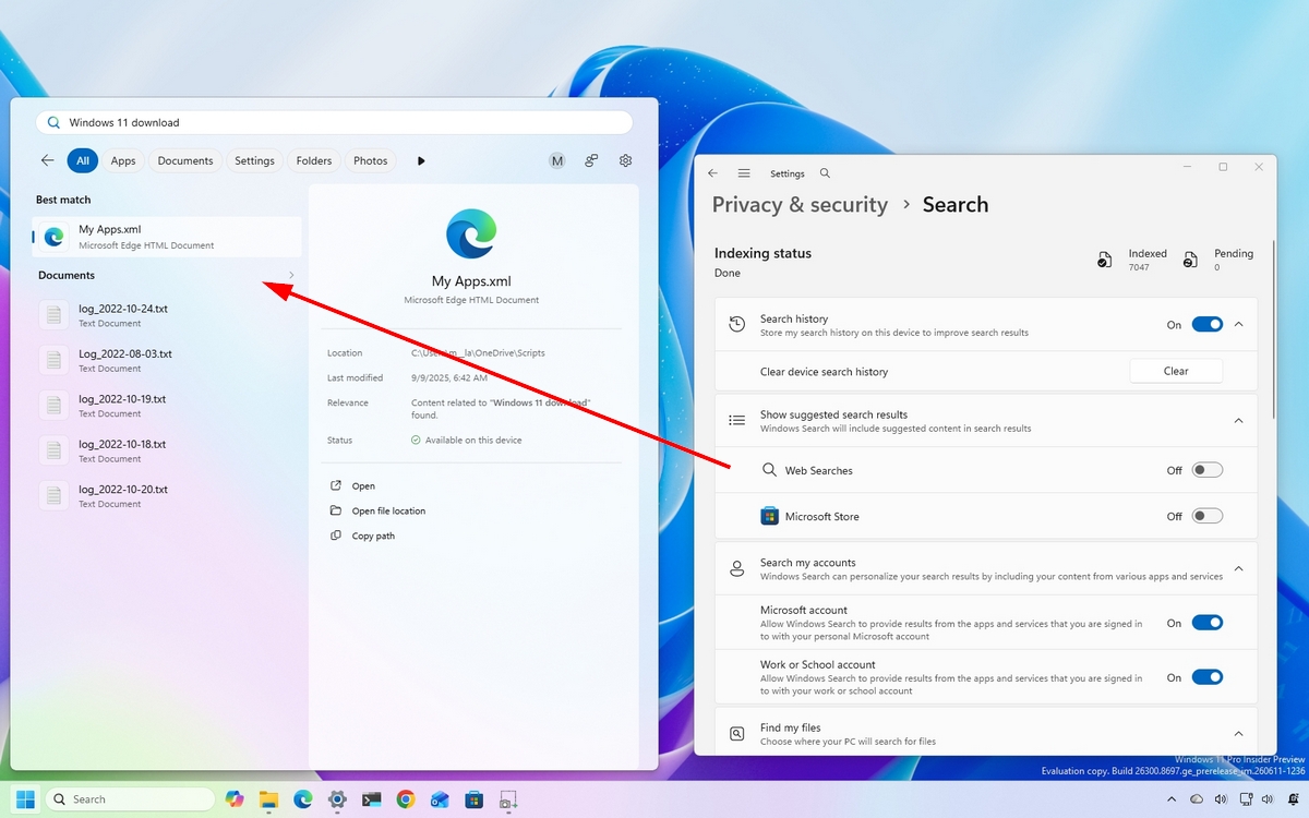 Windows 11 desktop with Search showing results without web searches.