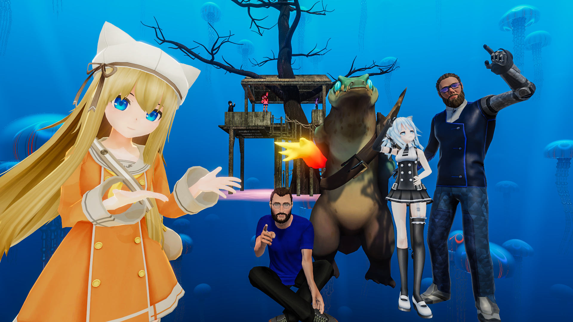 Images of avatars used in VRChat on a blue backdrop