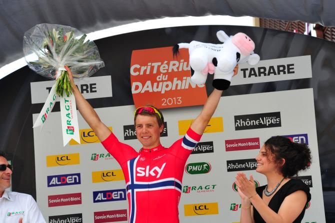 Dauphin&eacute; stage 3 winner Edvald Boasson Hagen (Sky) on the podium