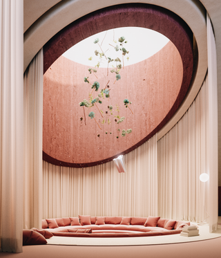 Metaverse architecture with pink curtains and circular seating