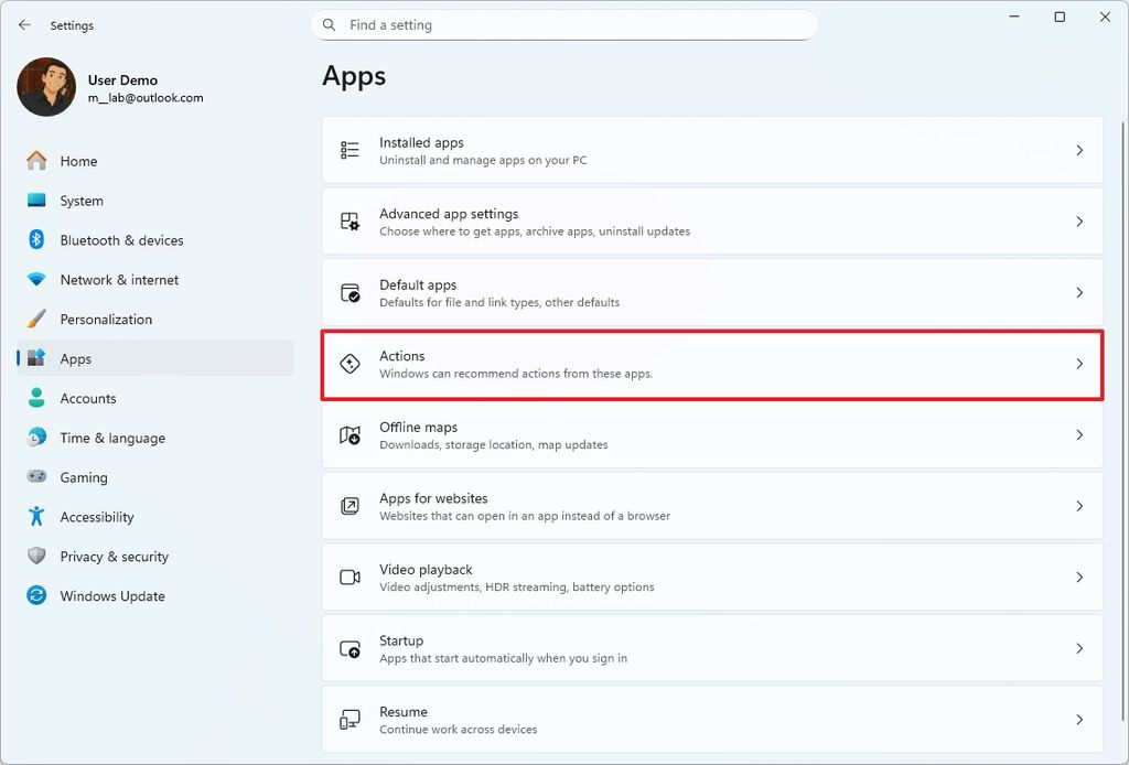 Actions settings