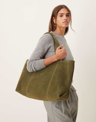 Asos Design Suede Boxy Tote Bag in Green