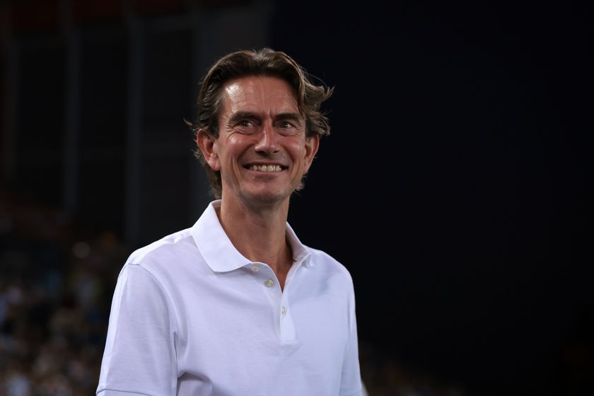 Thomas Frank smiles during Spurs&#039; UEFA Super Cup encounter with PSG