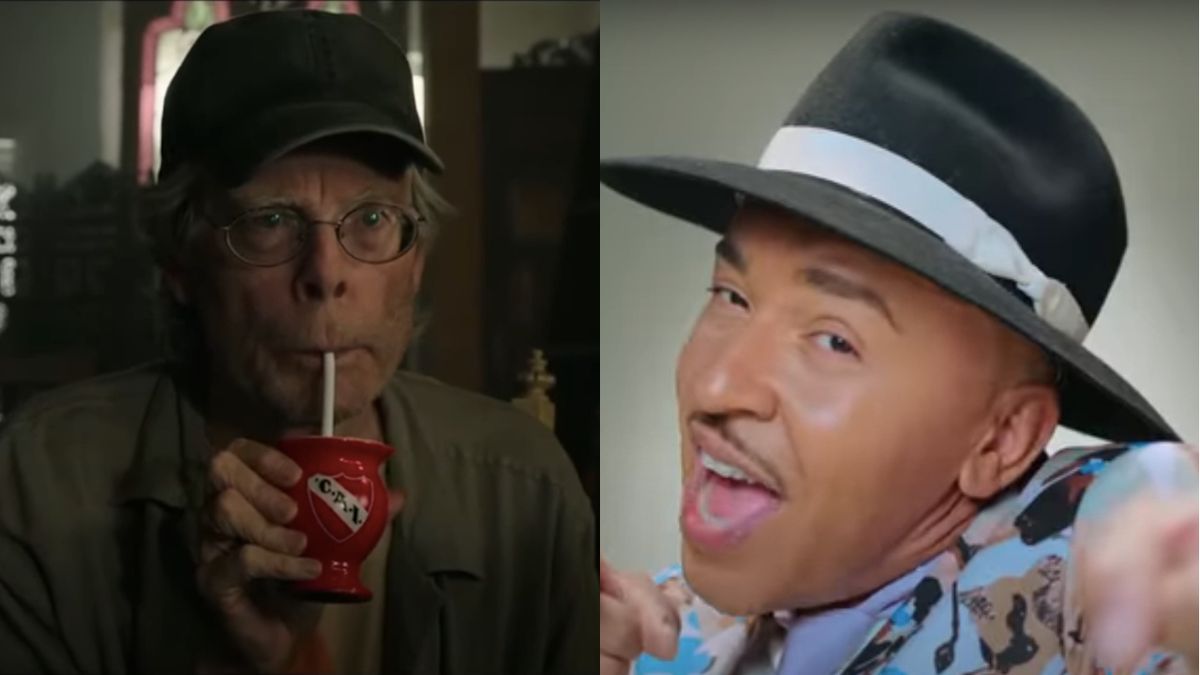 Stephen King pictured in IT: Chapter 2 and Lou Bega in the music video for Scatman &amp; Hatman, pictured side by side.