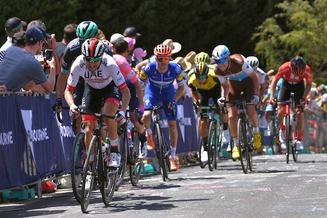 Diego Ulissi (UAE Team Emirates) pushes the pace on the Challambra climb
