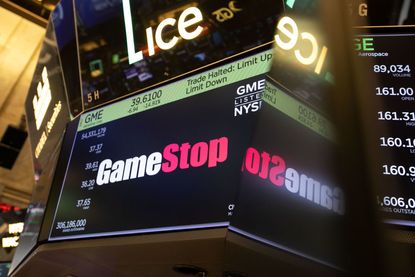 GameStop signage on screen at the New York Stock Exchange
