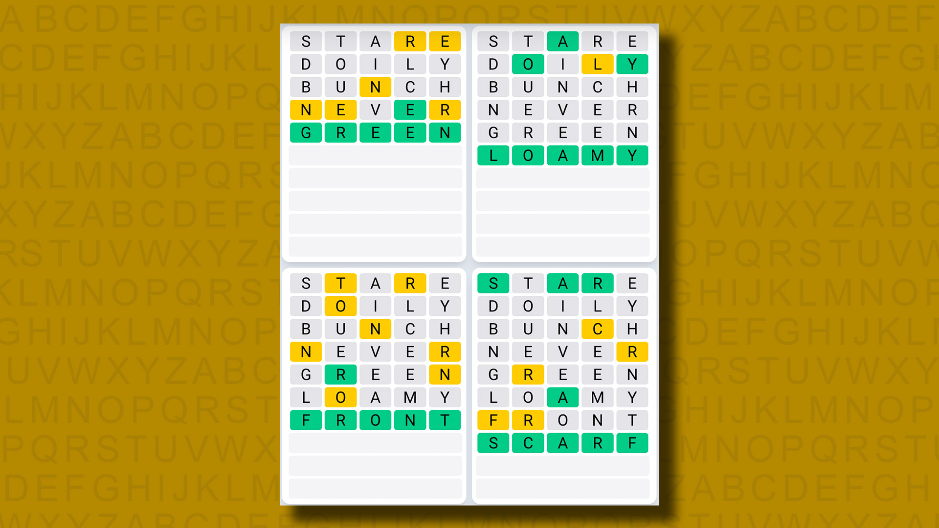 Quordle daily sequence answers for game 854 on a yellow background