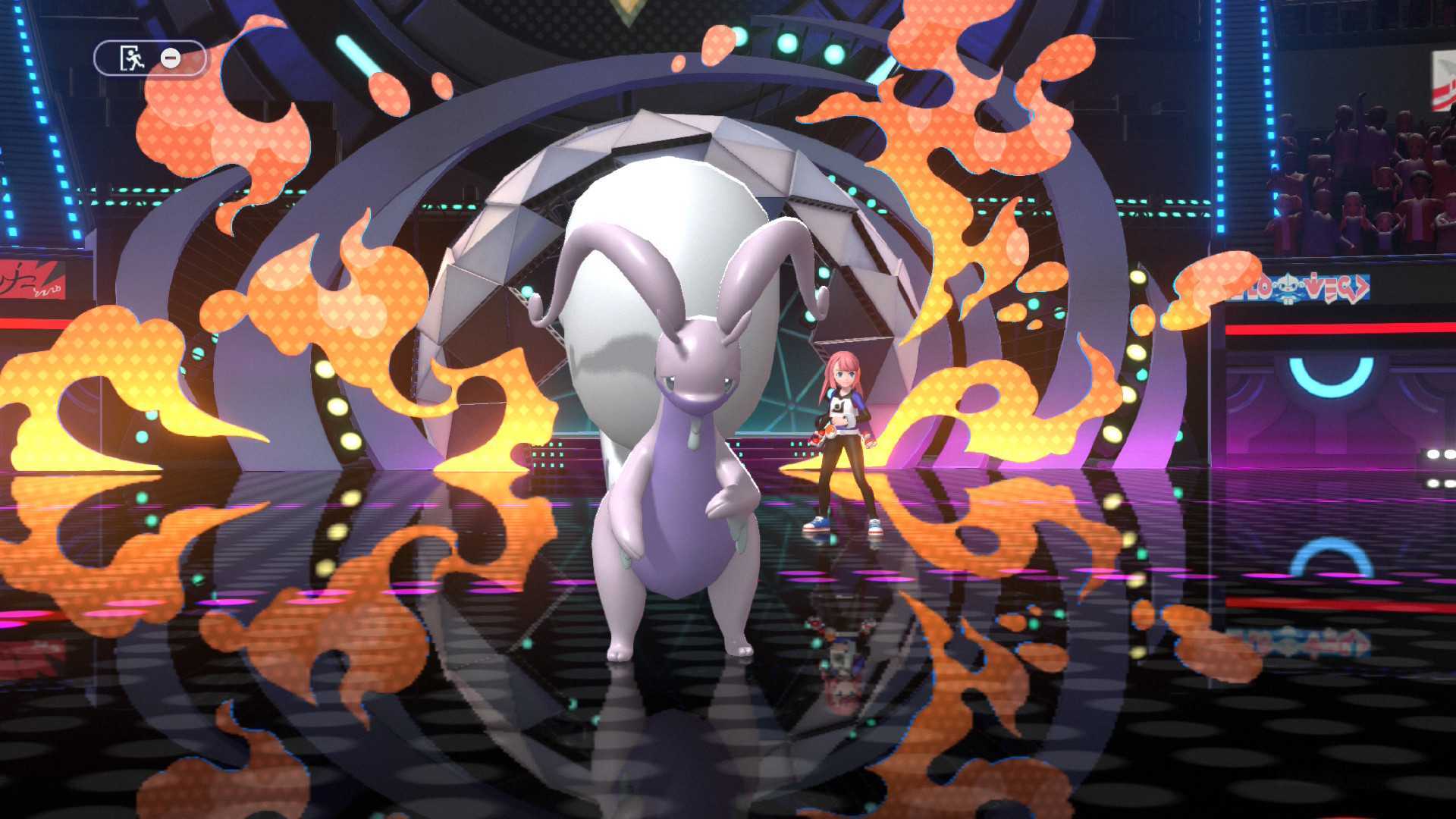 Screenshot of a Hisuian Goodra stood in front of a pink-haired female trailer in Pokemon Champions.