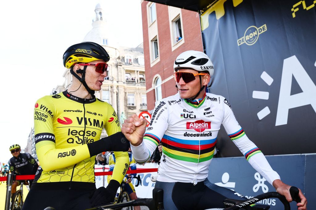 US Matteo Jorgenson of Team Visma-Lease a Bike and Dutch Mathieu van der Poel of Alpecin-Deceuninck are pictured at the start of the men's race of the 'Ronde van Vlaanderen/ Tour des Flandres/ Tour of Flanders' one day cycling event, 270,8km from Antwerp to Oudenaarde, Sunday 31 March 2024. BELGA PHOTO DAVID PINTENS (Photo by DAVID PINTENS / BELGA MAG / Belga via AFP)