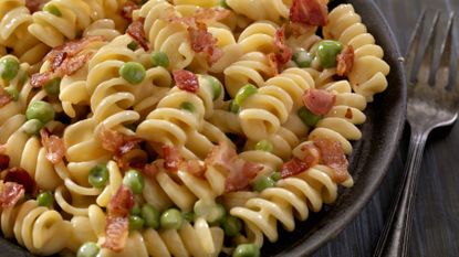Pea and bacon pasta close up