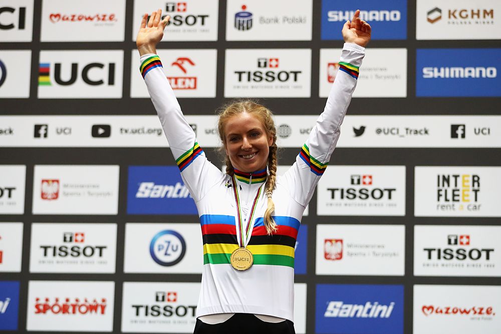 Alexandra Manly of Australia celebrates winning the gold medal in the Women's points race on day five of the UCI Track Cycling World Championships