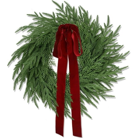 Guvpev 24&quot; Norfolk Pine &amp;amp; Cedar Wreath for Front Door, Artificial Christmas Wreath Seasonal Decor, Faux Green Fake Pine Needles Wreath for Holiday, Wall, Windows, Indoor Outdoor Christmas Decorations