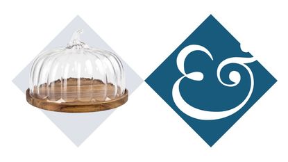 Round wooden platter with glass pumpkin-shaped dome