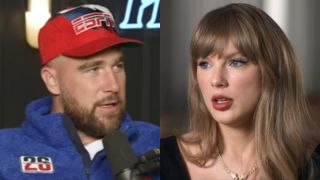 From left to right: Travis Kelce on New Heights looking to his right and Taylor Swift in The End of an Era looking to her left. 