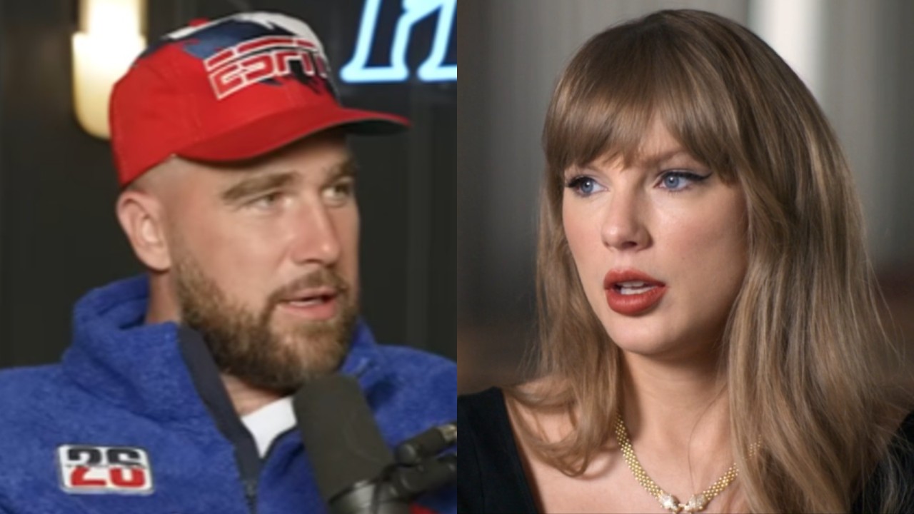 From left to right: Travis Kelce on New Heights looking to his right and Taylor Swift in The End of an Era looking to her left. 