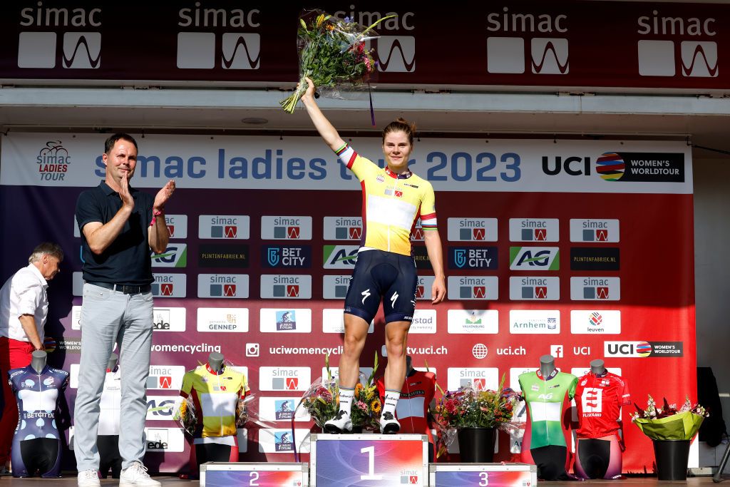 LELYSTAD NETHERLANDS SEPTEMBER 08 Lotte Kopecky of Belgium and Team SD Worx Yellow Leader Jersey celebrates at podium during the 25th Simac Ladies Tour 2023 Stage 3 a 1489km stage from Emmeloord to Lelystad UCIWWT on September 08 2023 in Lelystad Netherlands Photo by Bas CzerwinskiGetty Images