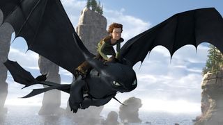 Hiccup rides Toothless the Night Fury dragon in How to Train Your Dragon
